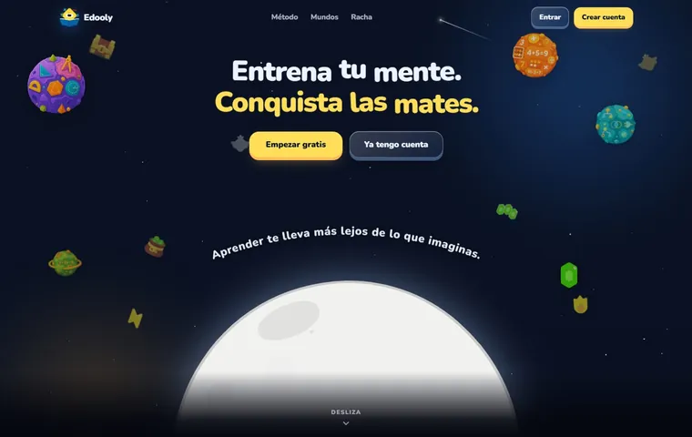 Portada de edooly.com: “Entrena tu mente. Conquista las mates.” sobre un cielo con planetas