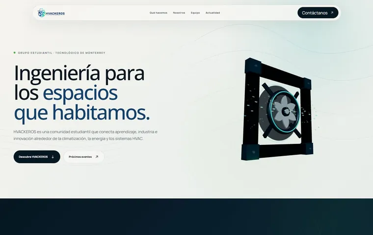 Portada de HVACKEROS: “Ingeniería para los espacios que habitamos” junto a un ventilador 3D