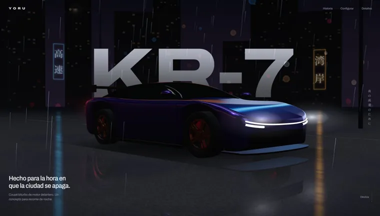 Portada de YORU KR-7: el auto bajo la lluvia frente a letras gigantes